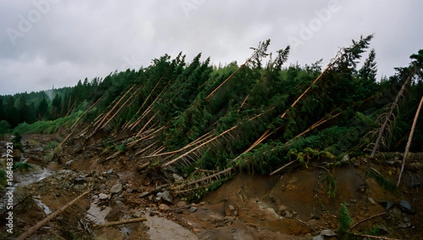 Fototapeta Forest Landslide After Heavy Rainfall – Uprooted Trees and Soil Erosion in Mountain Terrain