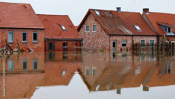 Fototapeta Residential Houses Submerged by Flooding - A Row of Brick Homes Reflected in High, Muddy Water