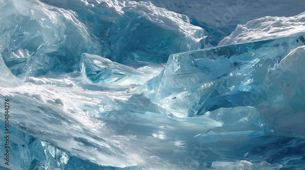 Fototapeta Subglacial rivers of glowing liquid flow beneath geometric ice, casting surreal refractive light patterns.