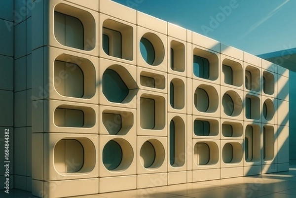 Fototapeta Futuristic Modular Wall of Ceramic Blocks — Sleek Architectural Render with Vibrant Sunlight