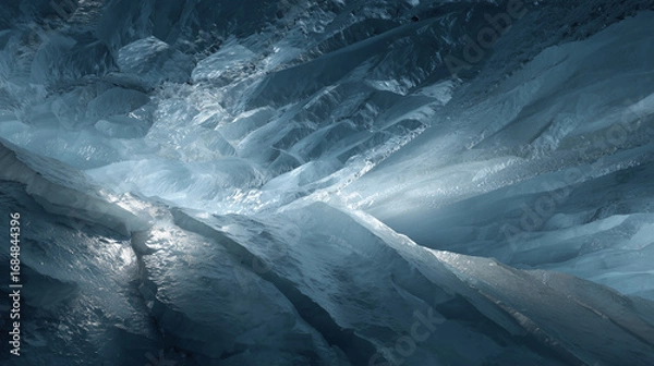 Fototapeta Subglacial rivers of glowing liquid flow beneath geometric ice, casting surreal refractive light patterns.