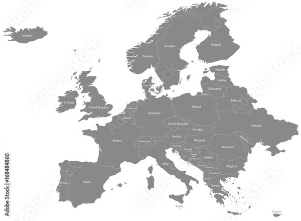 Fototapeta Map of Europe (without Russia) split into individual countries.  Displaying names for each country.