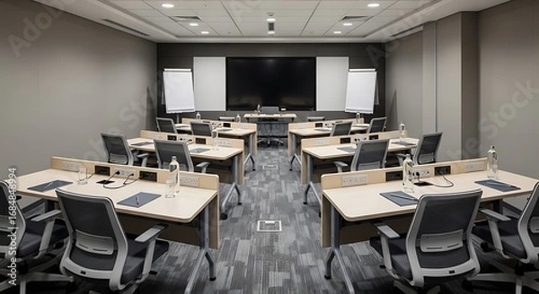 Fototapeta Modern Conference Room with Light Wood Tables and Gray Mesh Chairs