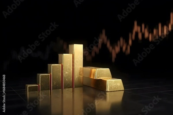 Fototapeta A gold bar graph with rising trend lines on a black background, a financial chart concept. Golden bars and upward arrows indicate a bullish stock market or a robust business chart, 