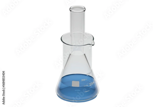 Fototapeta Isolated Erlenmeyer flask with round bottom, graduated cylinder, and blue liquid in laboratory