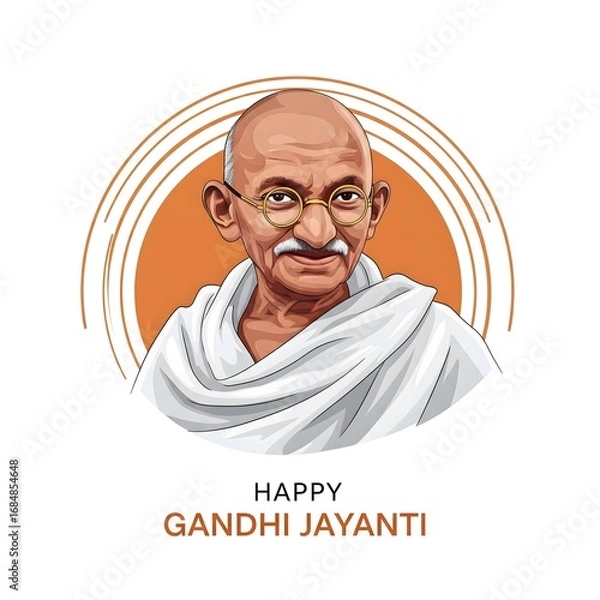 Fototapeta Happy Gandhi Jayanti Illustration with Mahatma Gandhi Portrait in White Attire, Circular Background Design Honoring 2nd October Indian National Holiday