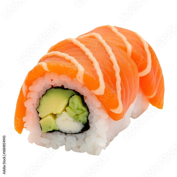 Fototapeta One delectable uramaki sushi roll featuring fresh salmon, avocado, and cream cheese, drizzled with Japanese mayonnaise and isolated on a clean white background