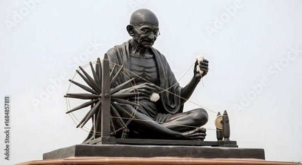 Fototapeta Mahatma Gandhi Statue with Spinning Wheel Depicting Charkha, Symbol of Swadeshi Movement, Simplicity, Nonviolence, and Indian Freedom Struggle Legacy