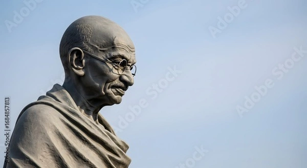 Fototapeta Mahatma Gandhi Statue Close-Up with Peaceful Expression Against Blue Sky, Symbol of Truth, Nonviolence, and Indian Independence Movement Legacy