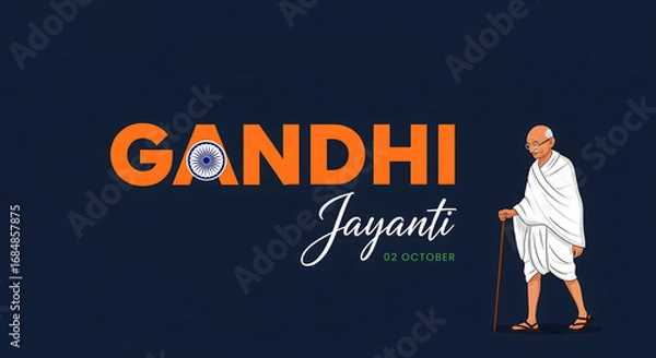 Fototapeta Gandhi Jayanti Banner Design with Mahatma Gandhi Walking Illustration, Ashoka Chakra, and Elegant Typography Celebrating 2nd October National Holiday