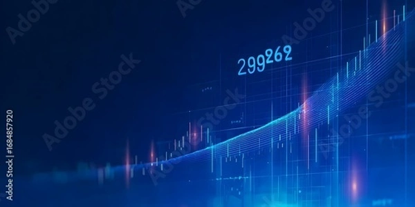 Fototapeta Blue stock market graph with an upward trend on a dark blue background, a financial data or business growth concept,