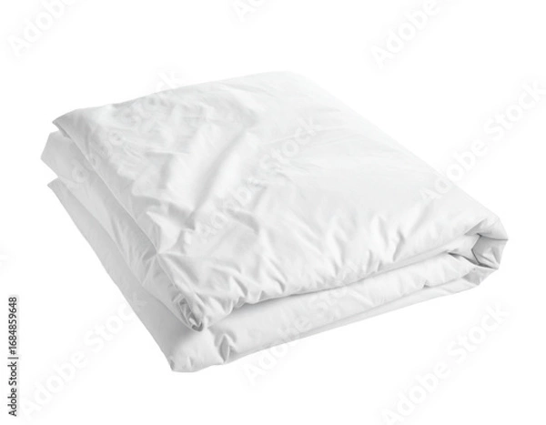 Fototapeta A stack of folded white blankets or duvets, a soft and comfortable household item, isolated on a white background.