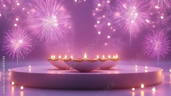 Fototapeta Banner design for diwali festival and podium,Diwali light decoration candle with fireworks,Stage,Product display Showcase design sparkle background,Deepavali,Dipavali,3D podium illustration.