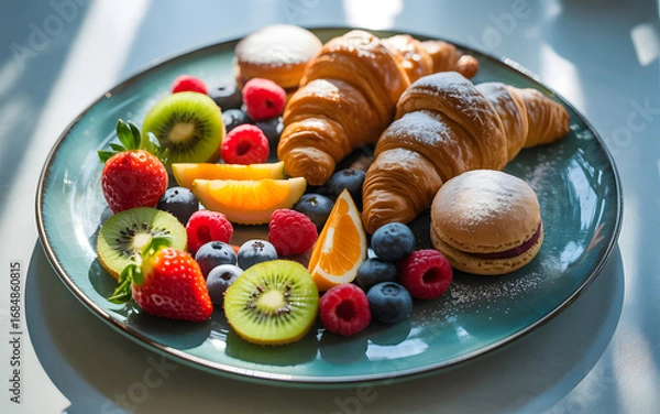 Fototapeta Vibrant assortment of fresh fruits croissants and pastries on a decorative plate a delicious morning breakfast spread