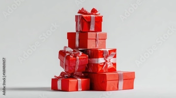 Fototapeta Stack of red gift boxes with white ribbons