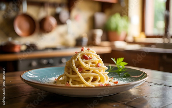 Fototapeta Delicious spaghetti dish artfully arranged on a plate in a cozy kitchen setting ready for enjoyment