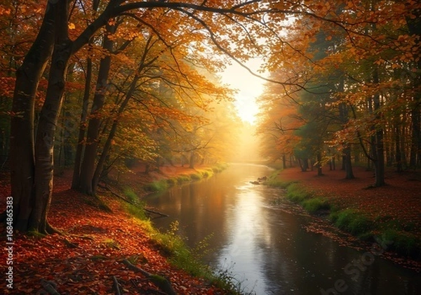Obraz Autumnal forest river sunlight