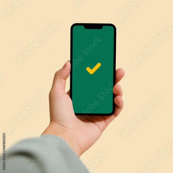 Fototapeta Hand holding a smartphone displaying a green screen with a yellow checkmark, symbolizing confirmation or success, against a plain beige background