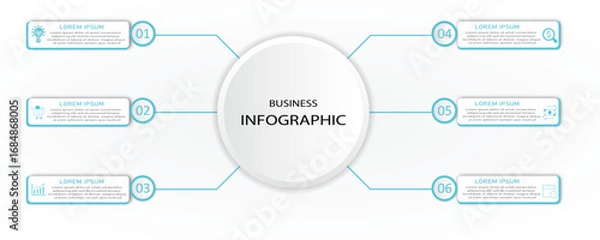 Fototapeta Business process timeline visualization with icon | Corporate infographic with 6 steps rectangle diagram arranges both side of 3d circle connected with baby blue line