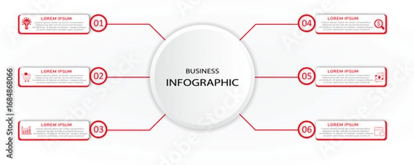 Fototapeta Business process timeline visualization with icon | Corporate infographic with 6 steps rectangle diagram arranges both side of 3d circle connected with red line
