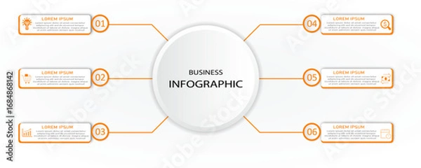 Fototapeta Business process timeline visualization with icon | Corporate infographic with 6 steps rectangle diagram arranges both side of 3d circle connected with orange line