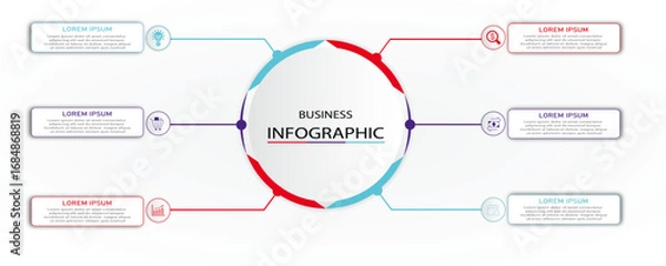 Fototapeta Business process visualization with icon on circle shape | Corporate infographic with 6 steps rectangle diagram arranges both side of 3d circle connected with line and fill circle