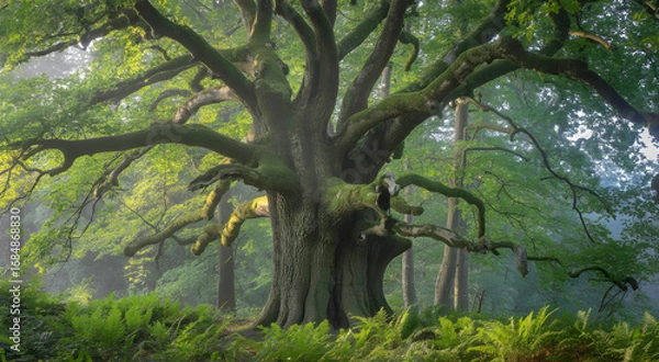 Fototapeta Majestic ancient oak tree standing tall in a lush green forest on a sunny day