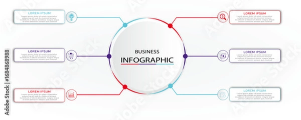 Fototapeta Business process visualization with icon on circle shape | Corporate infographic with 6 steps rectangle diagram arranges both side of 3d circle connected with abstract shadow effect