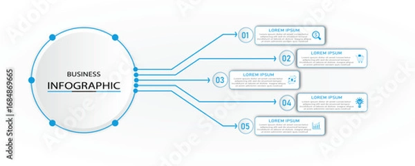 Fototapeta Business process timeline visualization with icon | Corporate infographic with 5 steps rectangle diagram arranges one side of 3d circle connected with blue arrow line