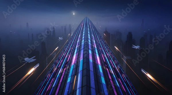 Fototapeta Futuristic cityscape with towering sleek skyscraper illuminated by neon blue lights abstract background