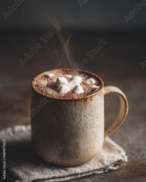 Obraz Delicious hot chocolate with marshmallow in ceramic mug, steam rising warmly