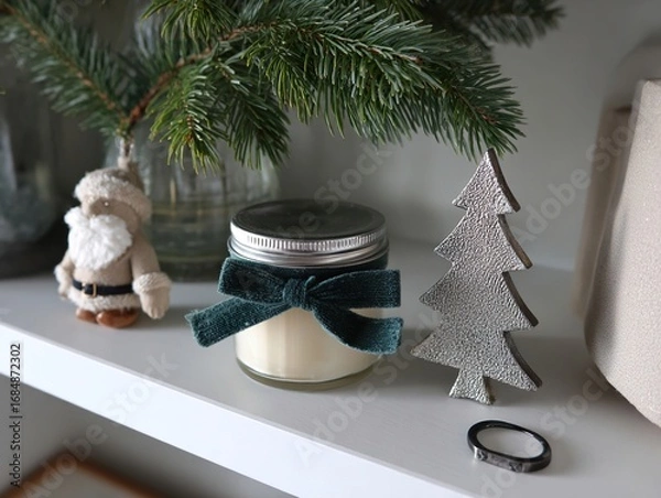 Fototapeta Minimalist Christmas Bookshelf with Shea Butter Balm and Onyx Ring 