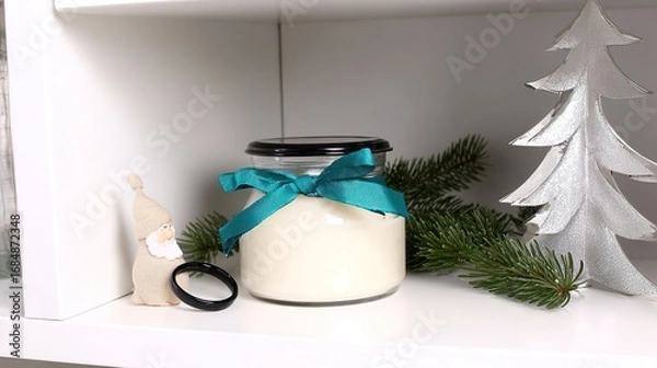 Fototapeta Minimalist Christmas Bookshelf with Shea Butter Balm and Onyx Ring 
