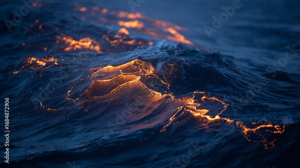 Fototapeta Deep blue ocean waves with glowing cracks beneath the surface, hinting at volcanic activity.