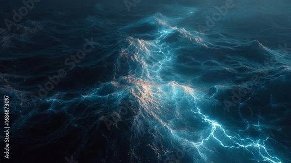 Fototapeta Deep blue ocean waves with glowing cracks beneath the surface, hinting at volcanic activity.