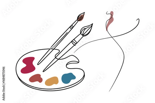 Fototapeta Continuous One-Line Vector Drawing of an Artist's Palette with Brushes. Editable Stroke.