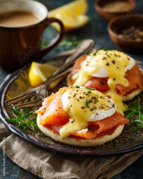 Fototapeta Delicious egg benedict with smoked salmon and hollandaise sauce. An appetizing brunch meal