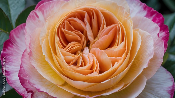 Fototapeta Close-up macro view of a fully blooming peach and pink rose with intricate petal layers and soft focus background