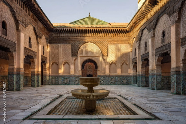Fototapeta Moroccan Islamic courtyard showcases intricate architecture. Tiled fountain evokes serene