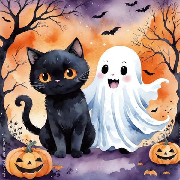 Fototapeta halloween background with cat and ghost.