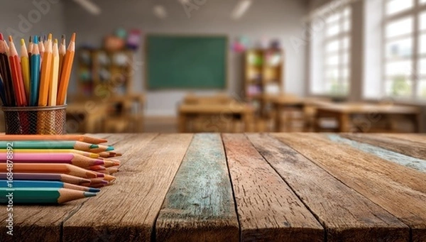 Fototapeta Colorful pencils on rustic wooden classroom table