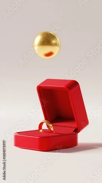 Fototapeta Gold ring in red box, floating sphere