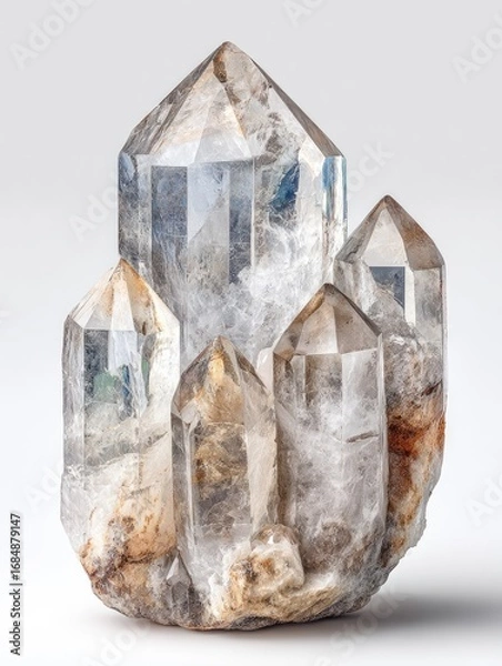 Fototapeta Crystal cluster, light-translucent, pointed, crystalline, multifaceted, natural, geological, quartz, specimen