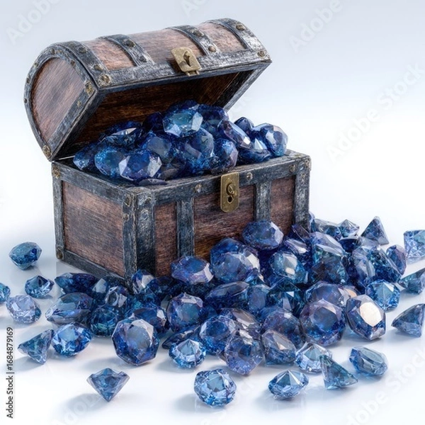 Fototapeta Open wooden treasure chest overflowing with many blue gems