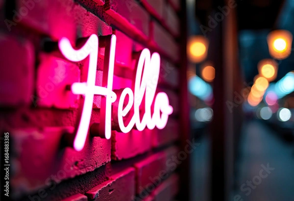 Obraz A glowing pink neon sign that says "Hello" in a cursive font, mounted on a rough textured brick wall. 