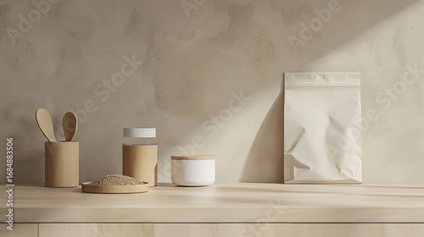 Obraz A warm minimalist kitchen scene with natural light, featuring wooden utensils in a ceramic holder, eco-friendly paper packaging, glass jars, and neatly stacked cookies, creating a cozy, sustainable, a