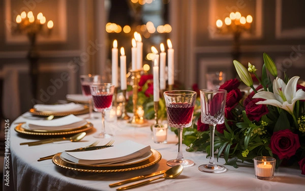 Fototapeta Elegant candlelit dinner setting with fine china crystal glasses and floral arrangements on a draped table for a luxurious dining experience