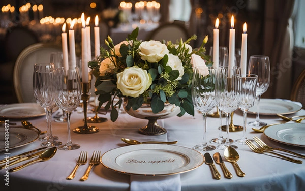 Fototapeta Elegant table setting with white roses and candlesticks for a luxurious dining experience and special occasion