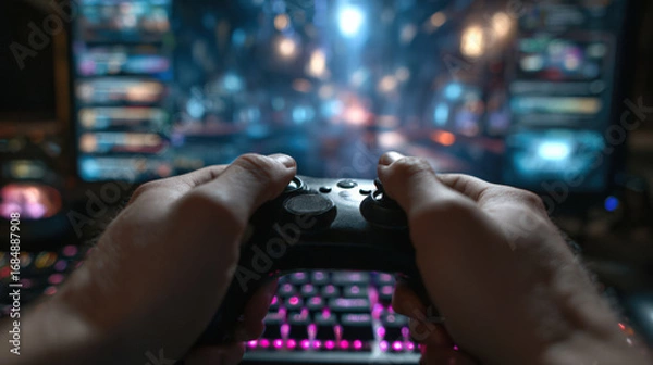 Fototapeta A close-up of hands gripping a black game controller, with a blurred screen showcasing vibrant colors and lights in the background, creating an immersive gaming atmosphere