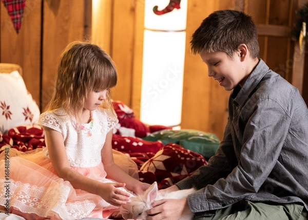 Fototapeta Brother and sister sit on a red plaid blanket, tenderly playing with a white rabbit. Christmas decorations are all around.